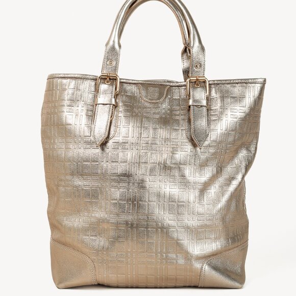 Burberry Metallic-Gold Plaid-Embossed Leather Tote Bag